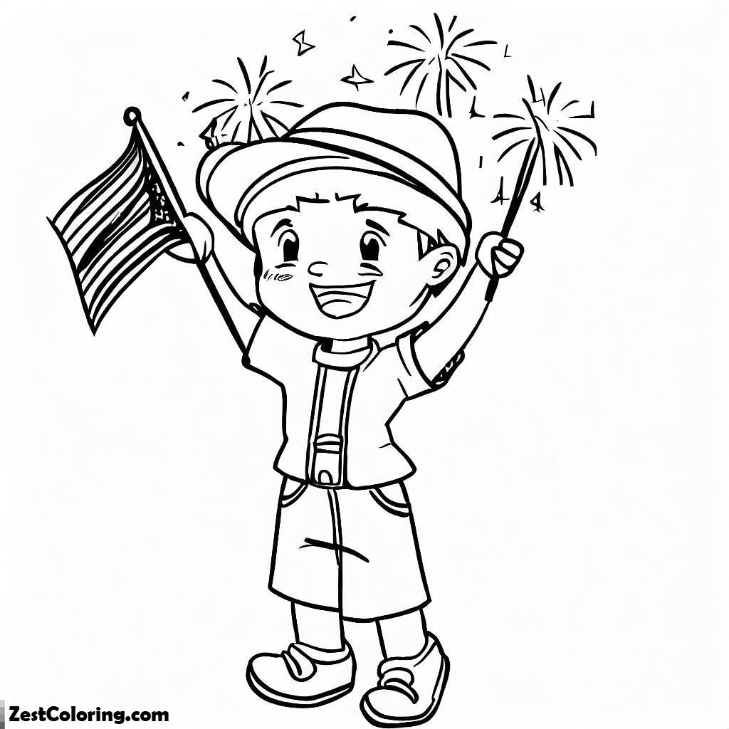 Independence Day, A Boy Celebrating Independence Day Coloring Page: A Boy Celebrating Independence Day Coloring PageFull Size Image