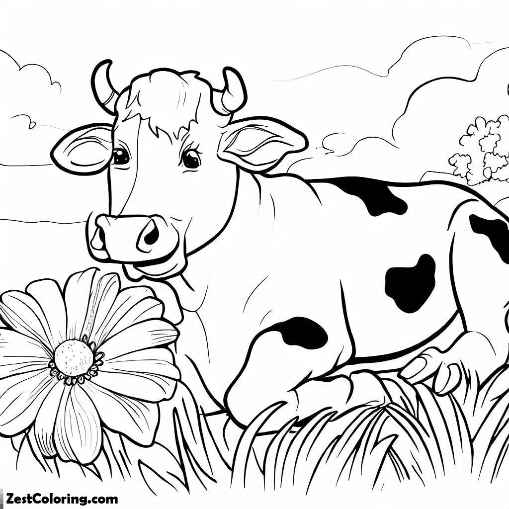 Spring, A Cow And Flower On Springtime Coloring Page: A Cow And Flower On Springtime Coloring PageFull Size Image