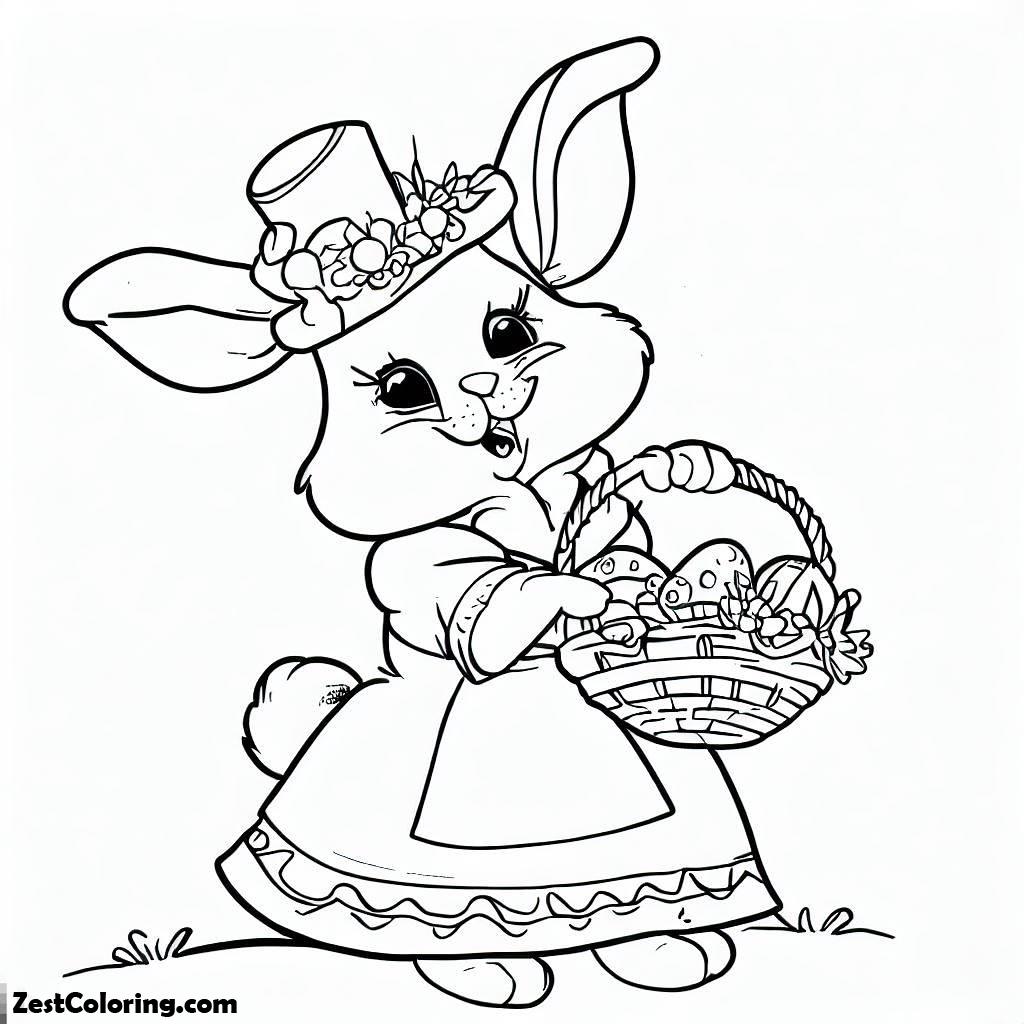 Bunnies, A Cute Little Bunny With Her Easter Basket Coloring Page: A Cute Little Bunny With Her Easter Basket Coloring PageFull Size Image