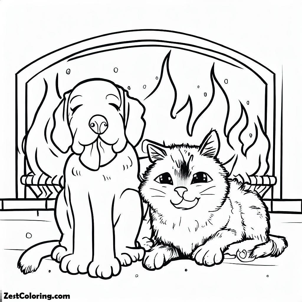 Winter, A Dog And A Cat In Front Of Warm Fireplace Coloring Page: A Dog And A Cat In Front Of Warm Fireplace Coloring PageFull Size Image