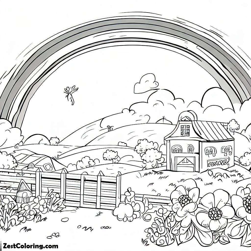 Rainbow, A Lovely Rainbow Over The Farm Coloring Page: A Lovely Rainbow Over The Farm Coloring PageFull Size Image