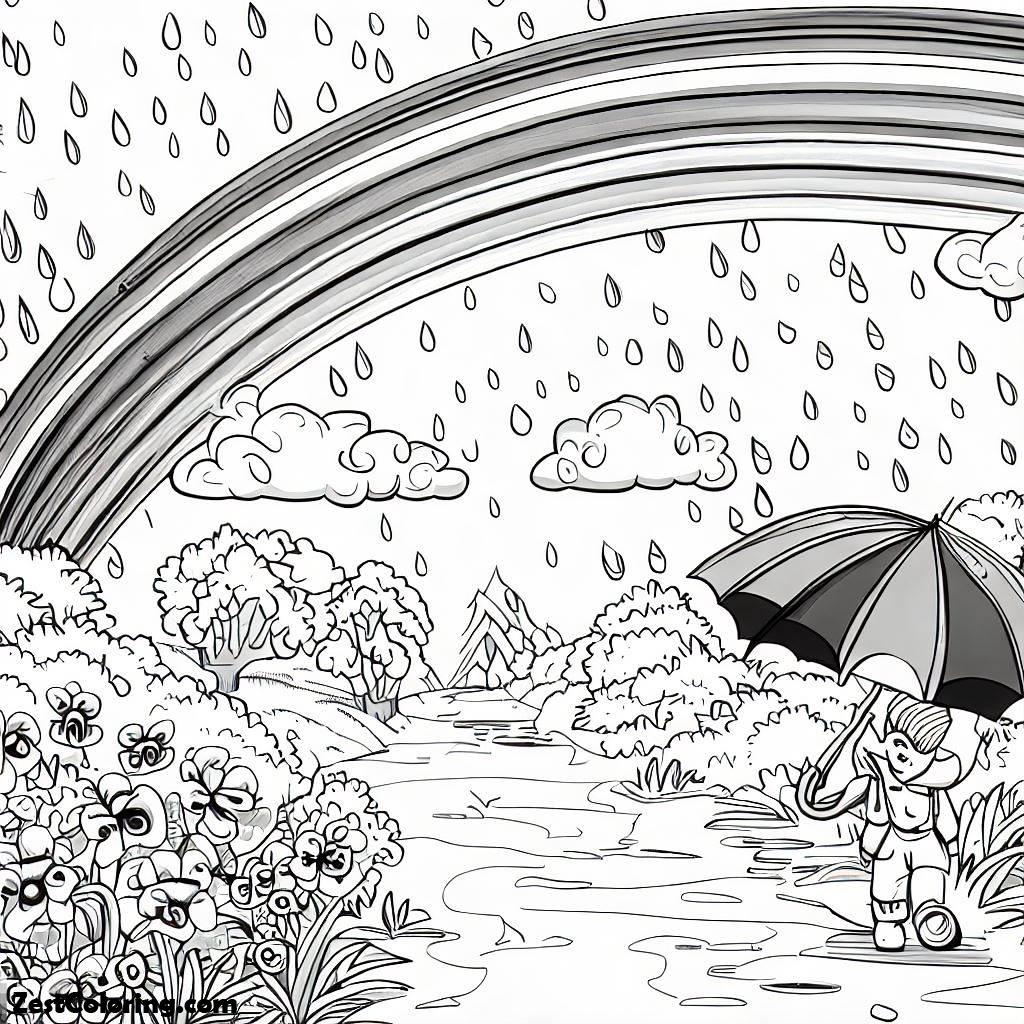 A Rainy Day And Beautiful Rainbow Coloring Page : Coloring for Kids