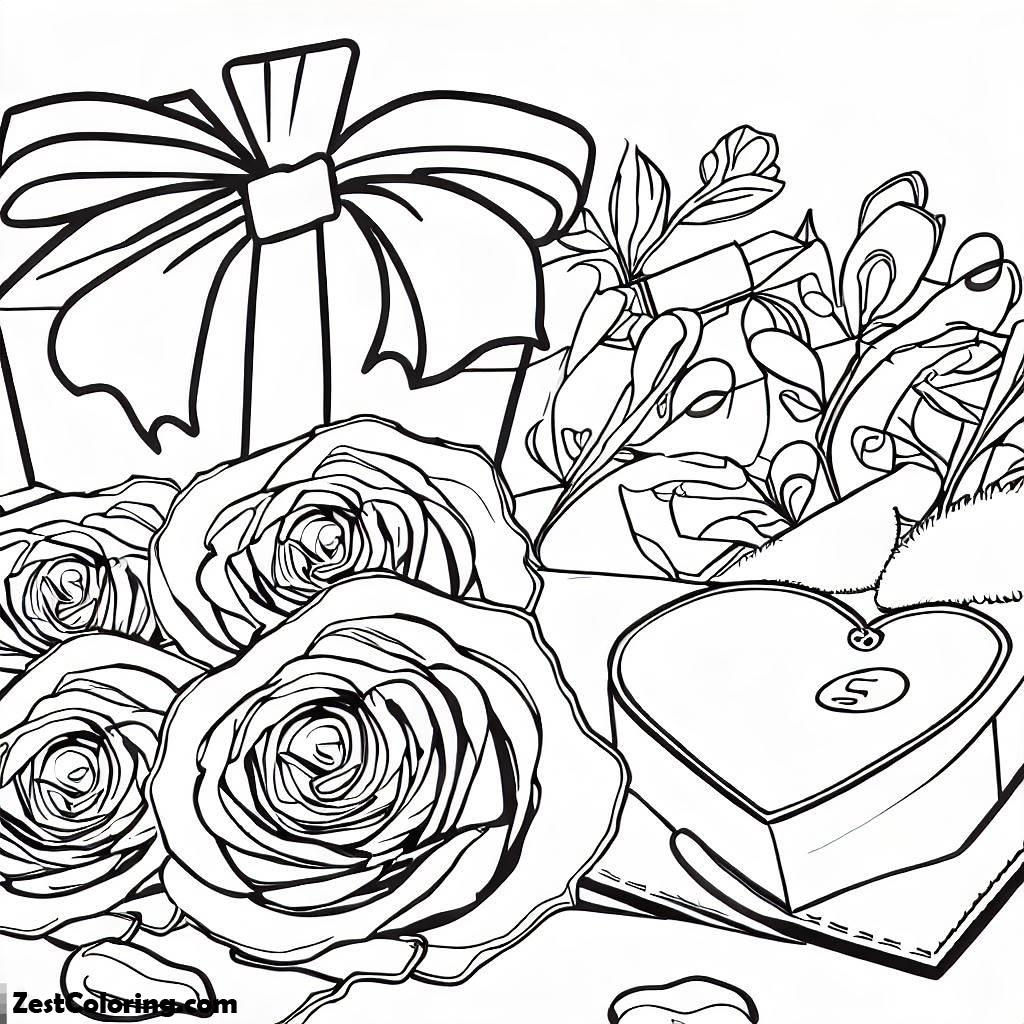 Valentine Day, A Romantic Valentine’s Day Gift And Flowers Coloring Page: A Romantic Valentine's Day Gift And Flowers Coloring PageFull Size Image