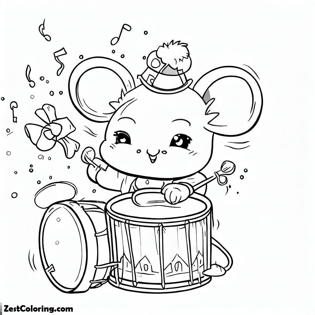 New Year, A Sweet Little Mouse Playing Drum On New Years Party Coloring Page: A Sweet Little Mouse Playing Drum On New Years Party Coloring PageFull Size Image