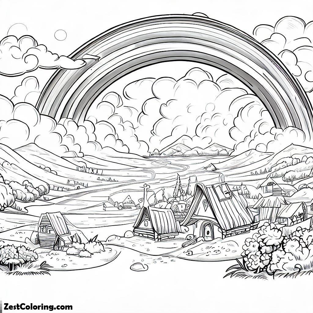 Rainbow, A Wonderful View Of Rainbow Over A Small Village Coloring Page: A Wonderful View Of Rainbow Over A Small Village Coloring PageFull Size Image