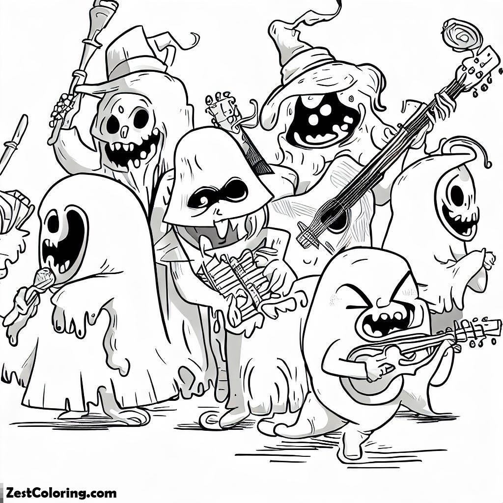 Halloween, A Band Of Ghosts And Ghouls Playing Musical Instruments Coloring Page: A Band Of Ghosts And Ghouls Playing Musical Instruments Coloring PageFull Size Image