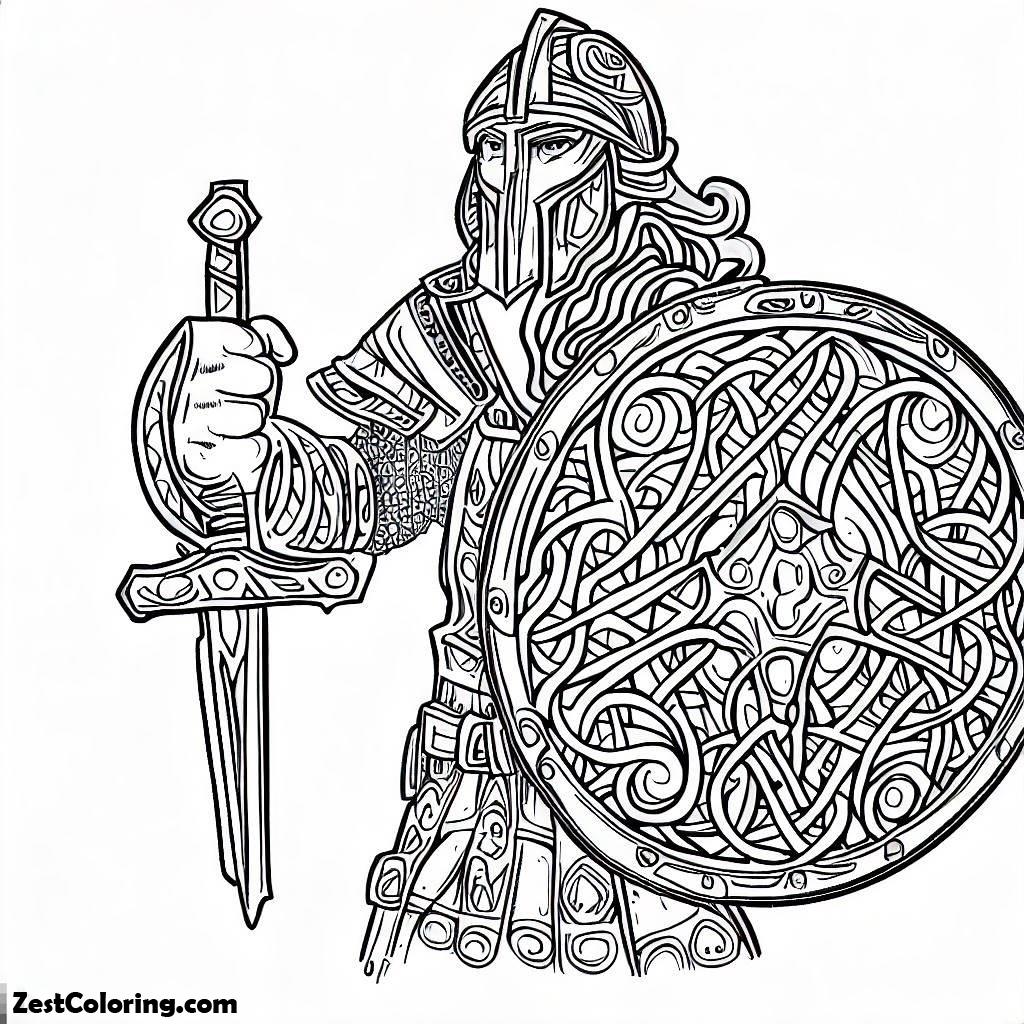 St. Patrick's Day, A Brave Celtic Warrior With Shield, Sword, And Intricate Designs On Their Armor Colrong Page Coloring Page: A Brave Celtic Warrior With Shield, Sword, And Intricate Designs On Their Armor Colrong PageFull Size Image