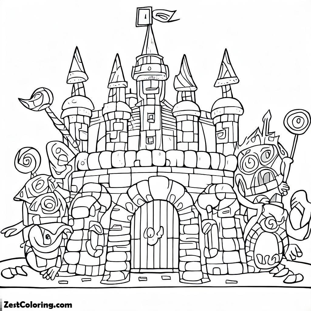 Halloween, A Castle Made Of Candy Guarded By Candy Creatures Coloring Page: A Castle Made Of Candy Guarded By Candy Creatures Coloring PageFull Size Image