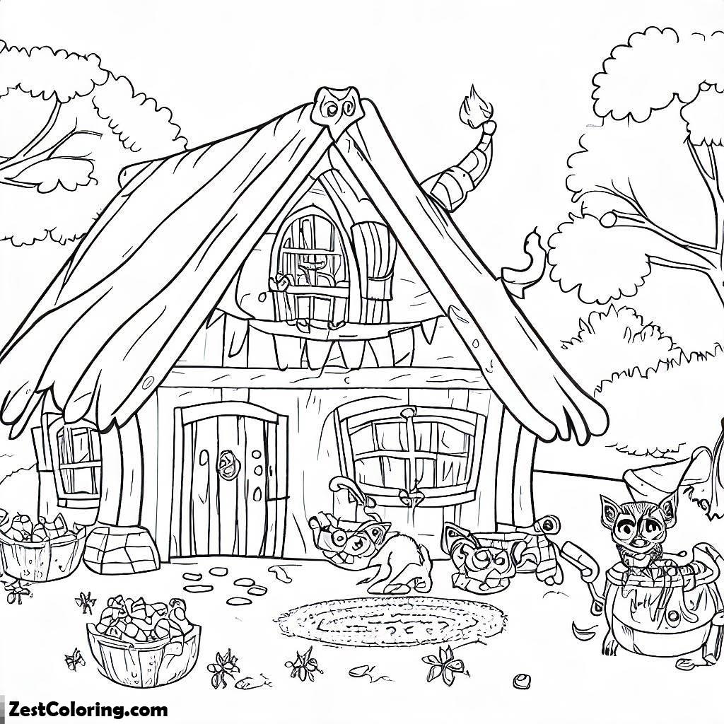 Halloween, A Cozy Cottage Where A Friendly Witch Lives With Her Magical Pets Coloring Page: A Cozy Cottage Where A Friendly Witch Lives With Her Magical Pets Coloring PageFull Size Image