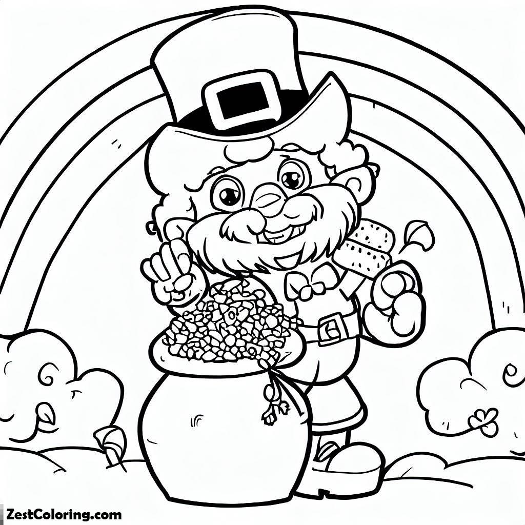 St. Patrick's Day, A Friendly Leprechaun With His Pot Of Gold At The End Of The Rainbow Coloring Page: A Friendly Leprechaun With His Pot Of Gold At The End Of The Rainbow Coloring PageFull Size Image