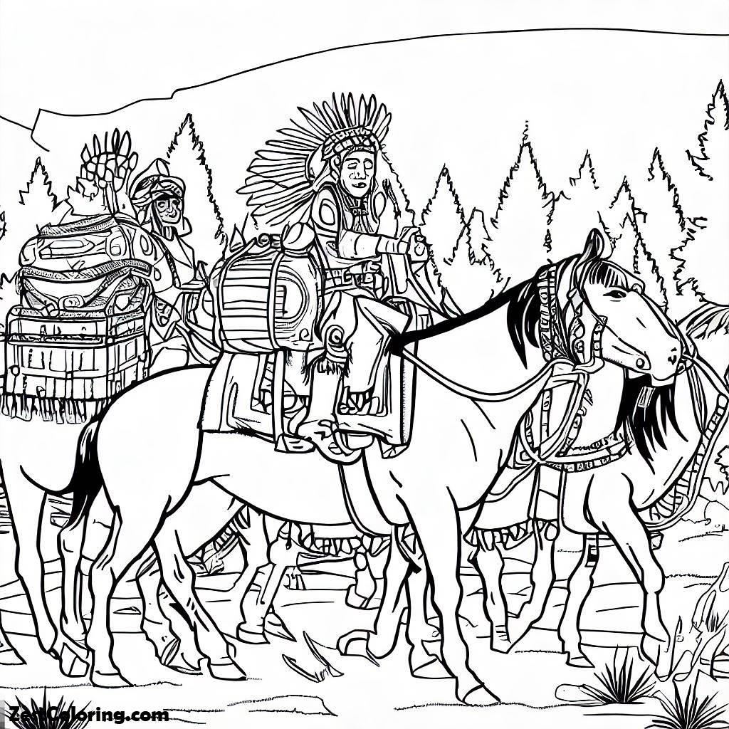 Native American Day, A Scene Of A Native American Family Traveling On Horseback With Their Belongings. Coloring Page: A Scene Of A Native American Family Traveling On Horseback With Their Belongings.Full Size Image
