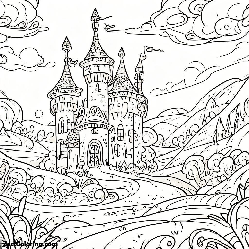 St. Patrick's Day, A Scene Of A Whimsical Irish Castle Surrounded By Hills And A Sky In St Patricks Day Coloring Page: A Scene Of A Whimsical Irish Castle Surrounded By Hills And A Sky In St Patricks Day Coloring PageFull Size Image