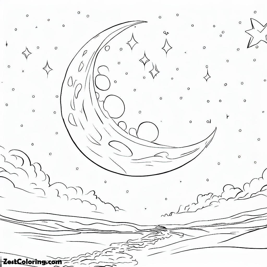 Halloween, A Serene Night Sky With A Large Moon And Twinkling Stars Halloween Coloring Page: A Serene Night Sky With A Large Moon And Twinkling Stars Halloween Coloring PageFull Size Image