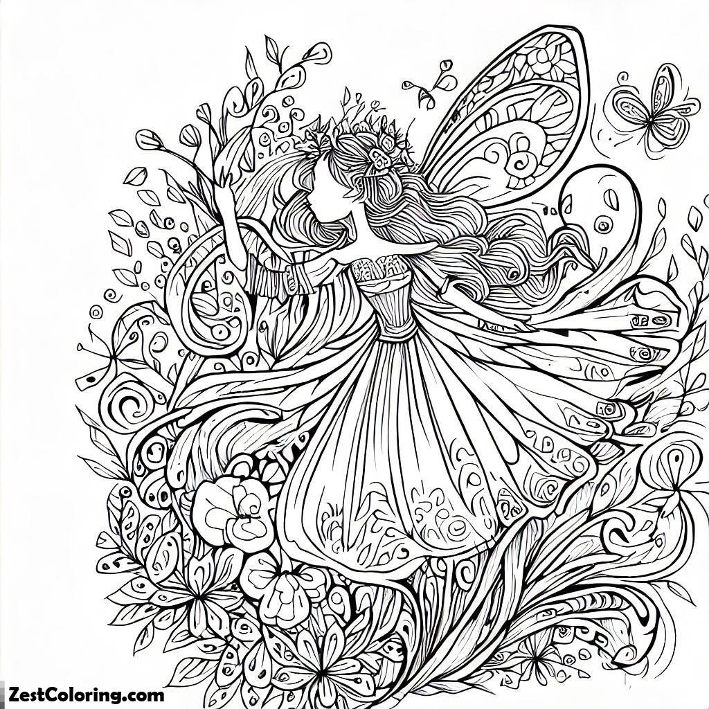 St. Patrick's Day, A Whimsical Fairy Inspired By Irish Folklore, Surrounded By Nature Coloring Page: A Whimsical Fairy Inspired By Irish Folklore, Surrounded By Nature Coloring PageFull Size Image