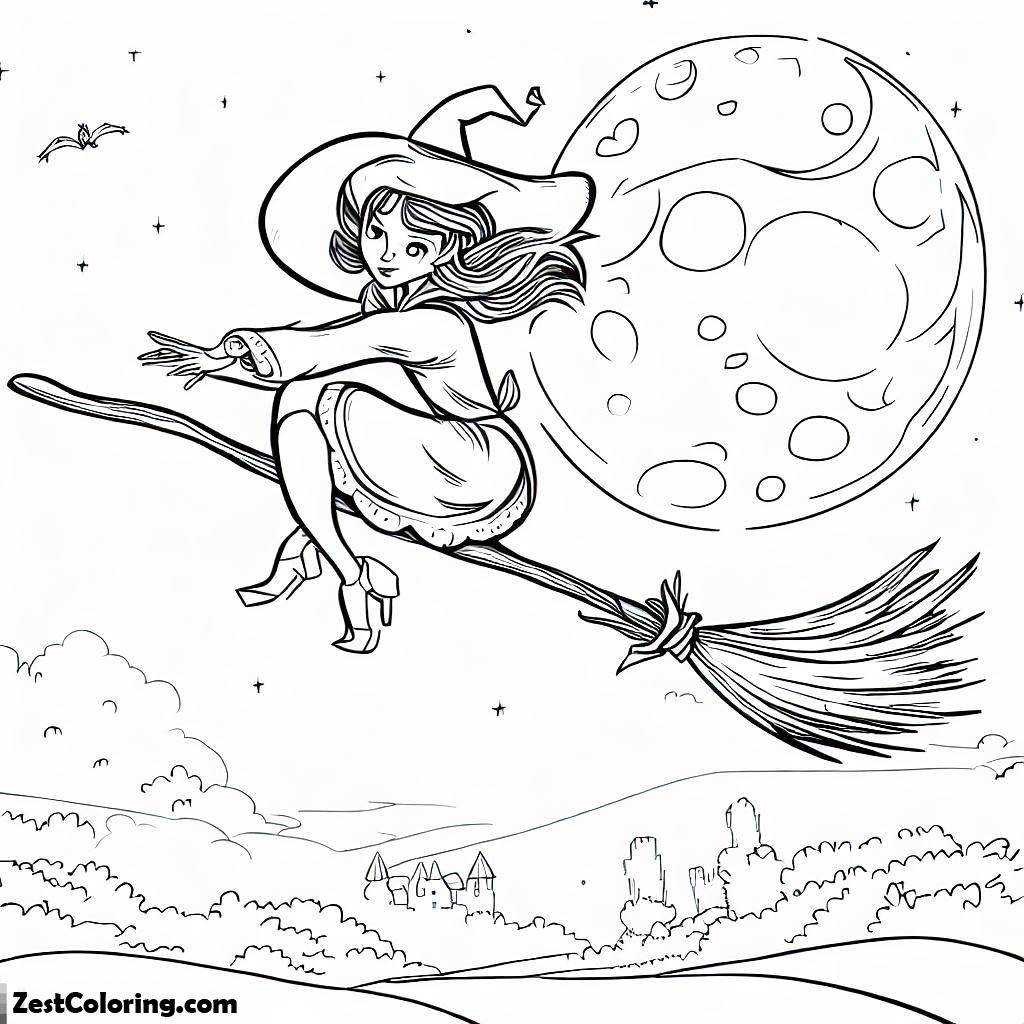 Halloween, A Witch Soaring On Her Broomstick Over A Moonlit Landscape Coloring Page: A Witch Soaring On Her Broomstick Over A Moonlit LandscapeFull Size Image