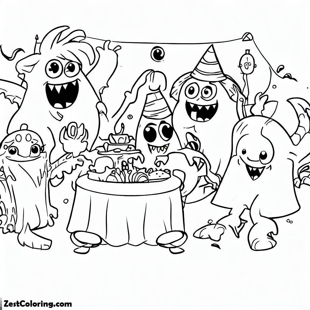 Adorable Monsters Having A Halloween Party Coloring Page : Coloring for ...