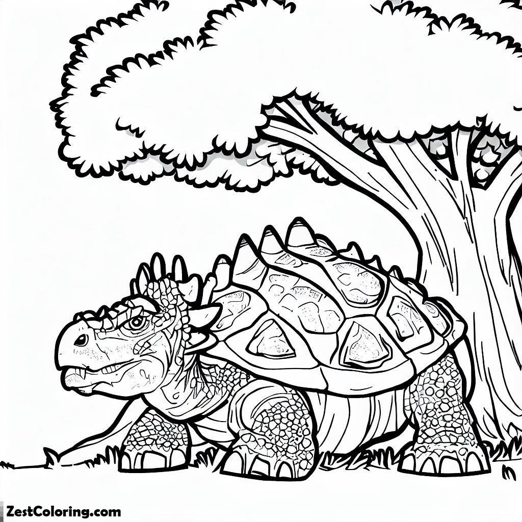 Ankylosaurus, An Ankylosaurus Finding Feeds Under The Tree Coloring Page: An Ankylosaurus Finding Feeds Under The Tree Coloring PageFull Size Image