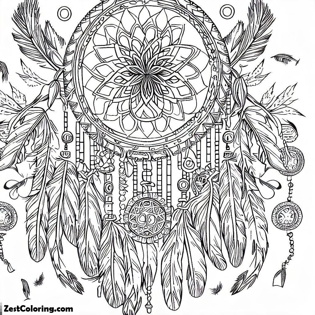 Native American Day, An Intricate Dreamcatcher Surrounded By Feathers And Symbols Coloring Page: An Intricate Dreamcatcher Surrounded By Feathers And Symbols Coloring PageFull Size Image