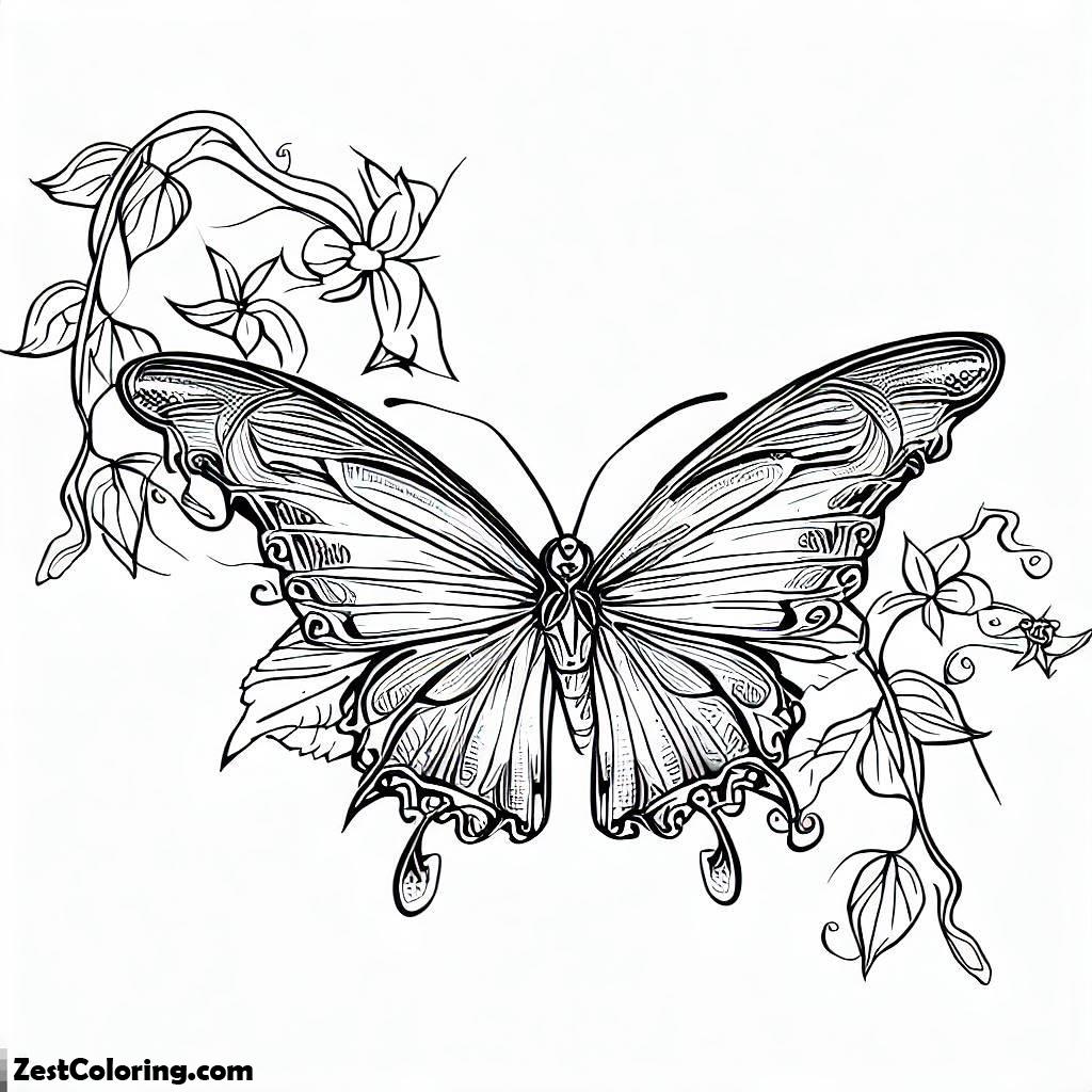 Butterfly, Beautiful Butterfly On The Branch Coloring Page: Beautiful Butterfly On The Branch Coloring PageFull Size Image