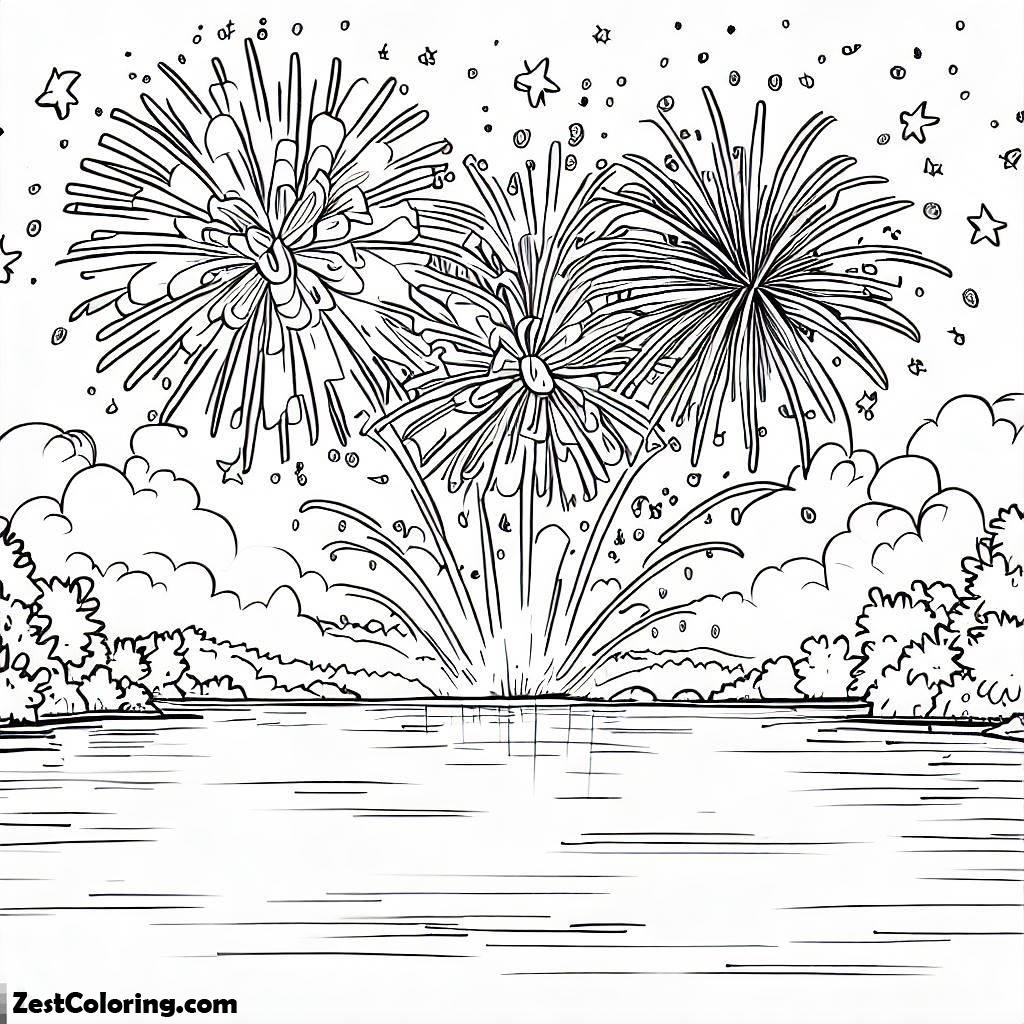 Fireworks, Beautiful Fireworks Over The Lake Coloring Page: Beautiful Fireworks Over The Lake Coloring PageFull Size Image