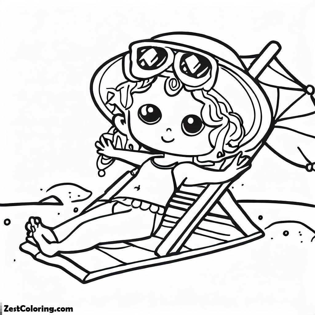 Beach Vacation, Beautiful Little Girl Doing Sunbathe On The Beach Coloring Page: Beautiful Little Girl Doing Sunbathe On The Beach Coloring PageFull Size Image