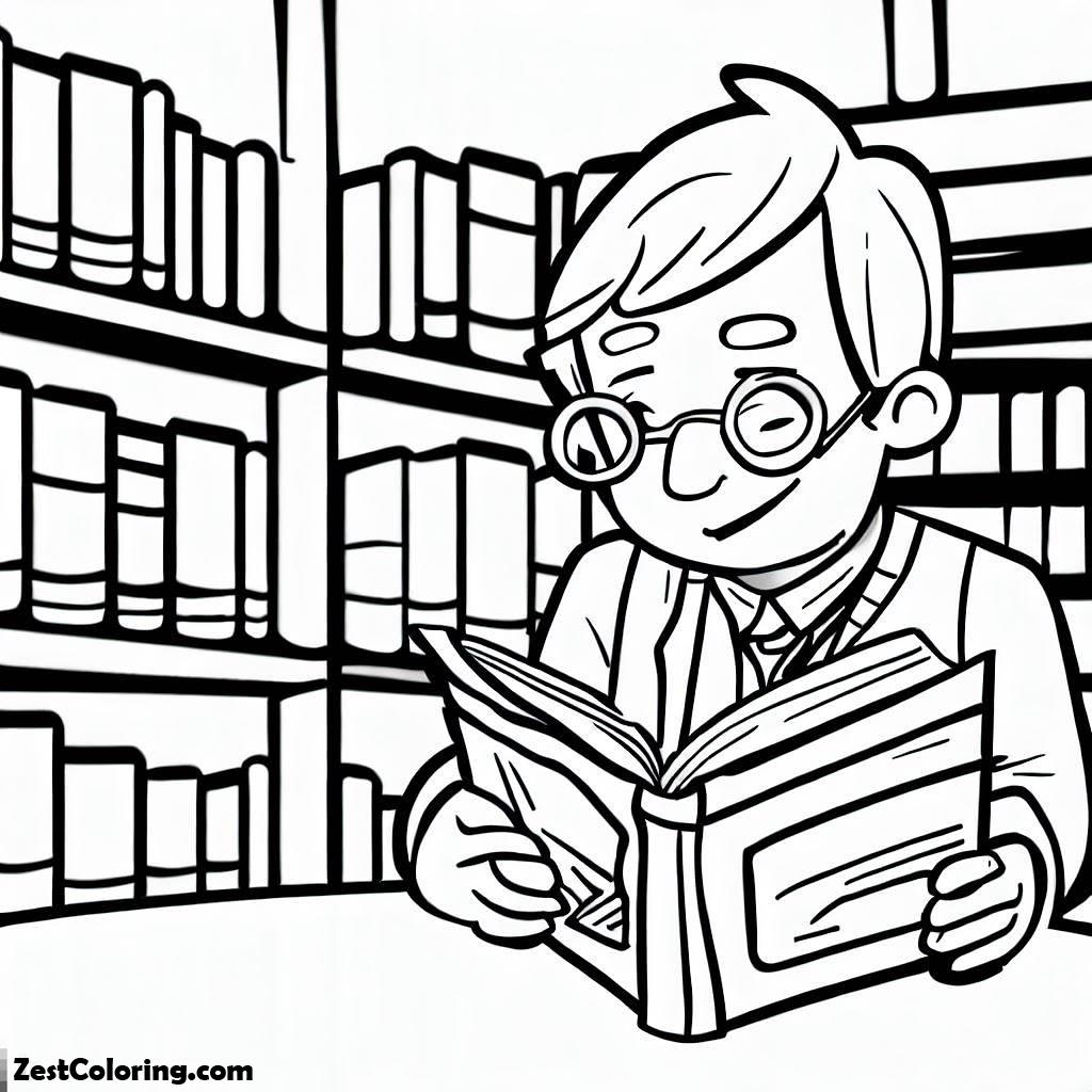 Library, Book Reader In Library Coloring Pages: Book Reader In Library Coloring PagesFull Size Image