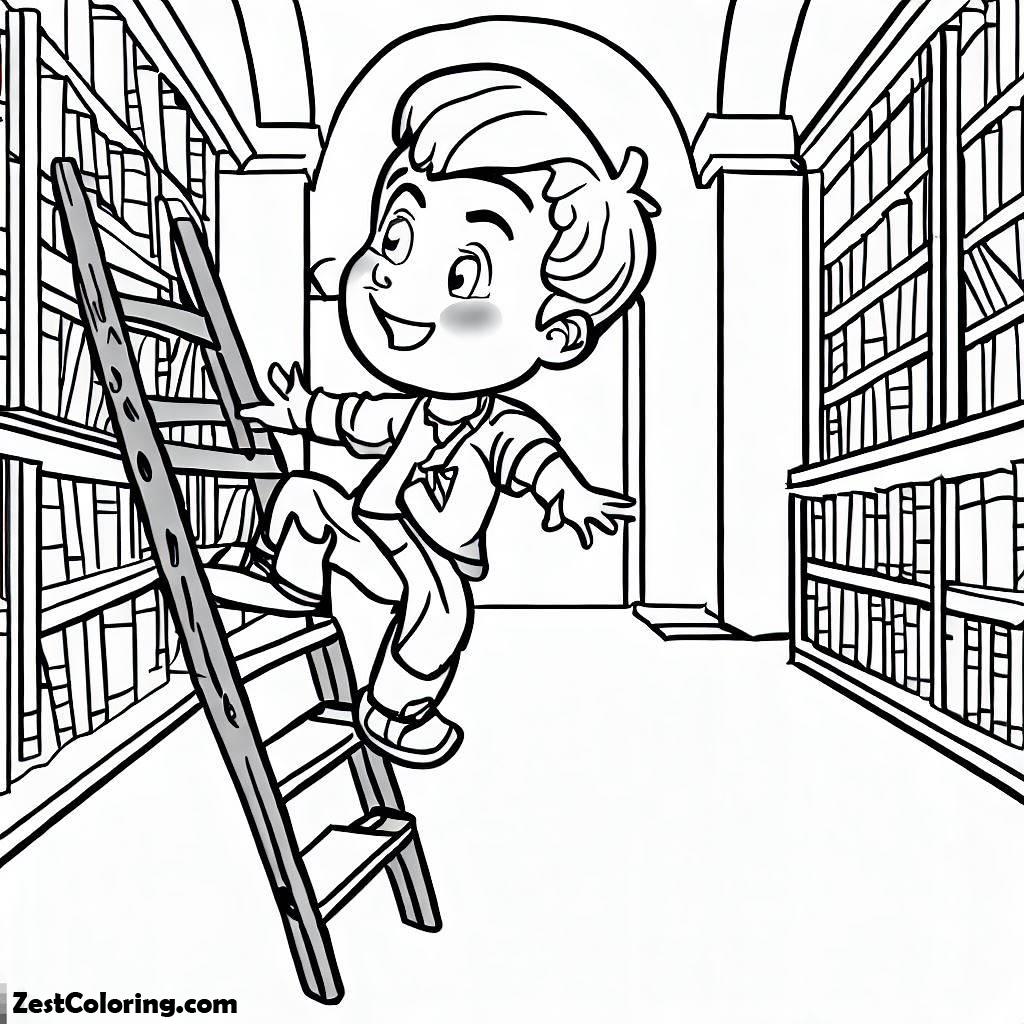 Library, Boy Riding A Ladder Through A Library Coloring Pages: Boy Riding A Ladder Through A Library Coloring PagesFull Size Image