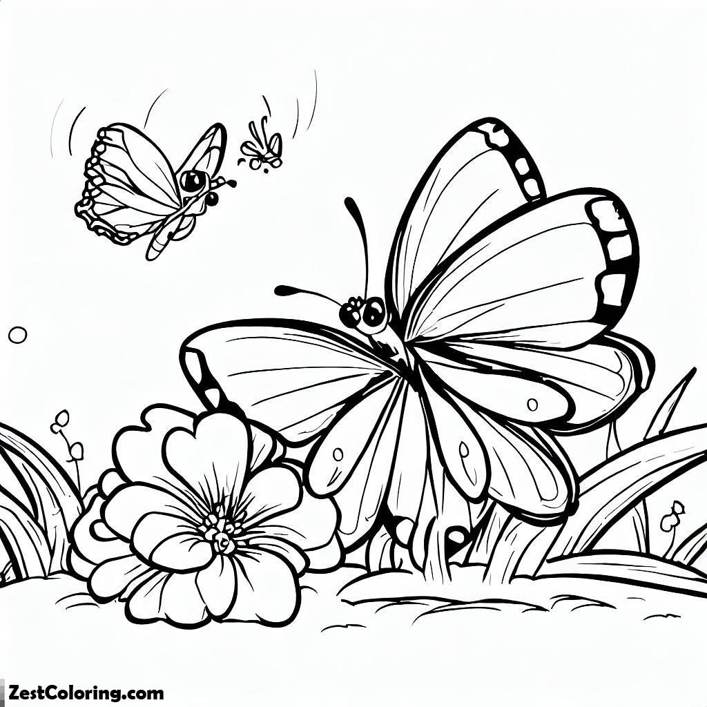 Spring, Butterfly Play Near Flower On Springtime Coloring Page: Butterfly Play Near Flower On Springtime Coloring PageFull Size Image
