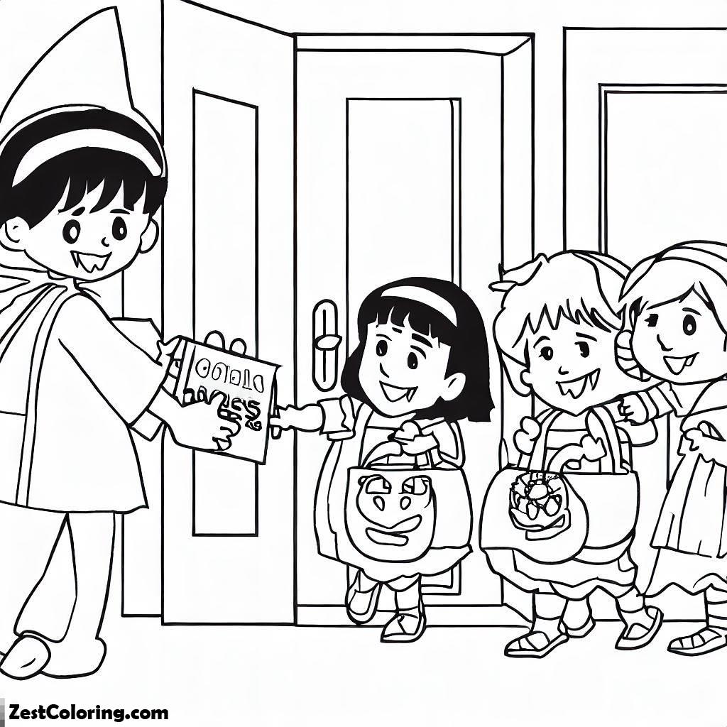 Halloween, Children In Costumes Going Door To Door For Candy Coloring Page: Children In Costumes Going Door To Door For CandyFull Size Image