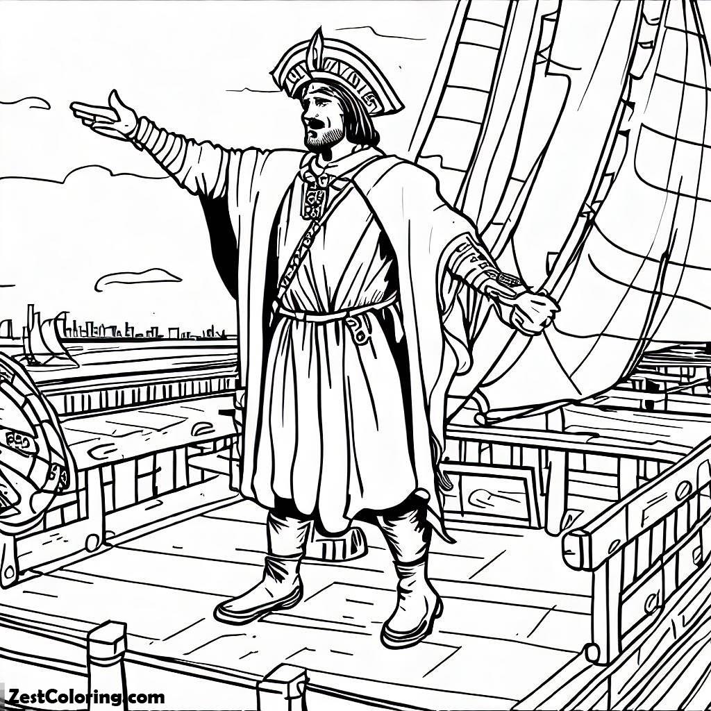 Colombus Day, Columbus On Ship Deck On Columbus Day Coloring Page: Columbus On Ship Deck On Columbus Day Coloring PageFull Size Image