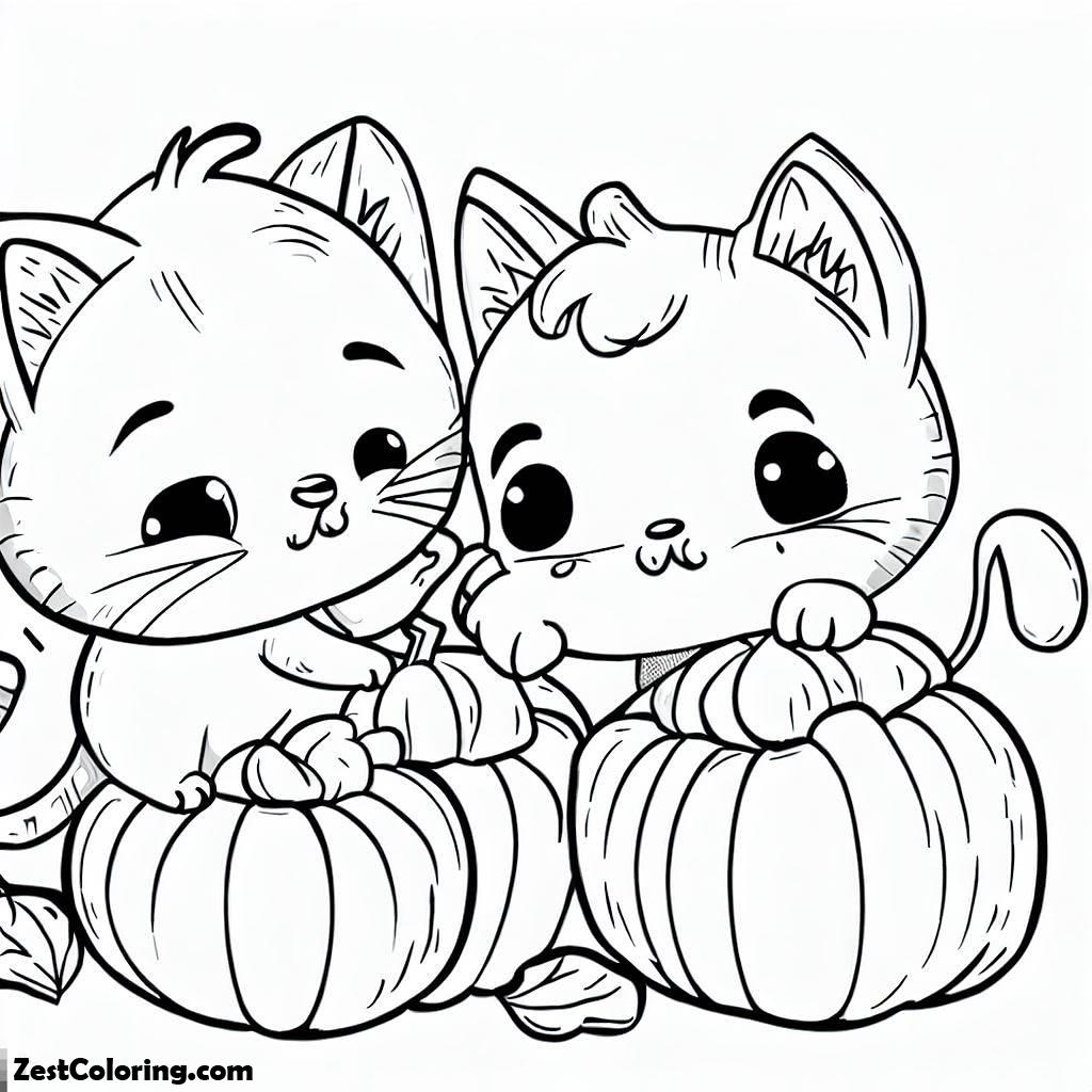 Pumpkins, Cute Little Cat In Pumpkins Play With Her Friend Coloring Page: Cute Little Cat In Pumpkins Play With Her Friend Coloring PageFull Size Image