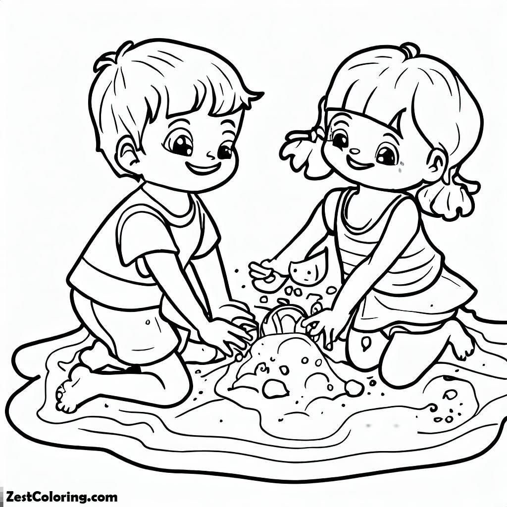 Cute Two Kids Playing At The Beach Sand Coloring Page : Coloring for ...