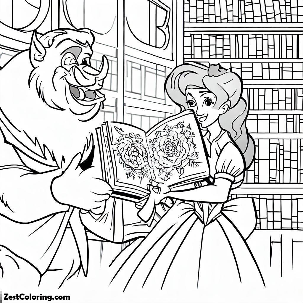 Library, Disney Beast Give Belle A Book In Library Coloring Pages: Disney Beast Give Belle A Book In Library Coloring PagesFull Size Image