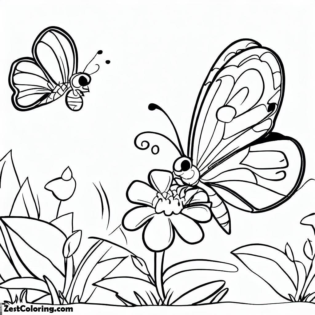 Spring, Download Butterfly Play Near Flower On Springtime Coloring Page: Download Butterfly Play Near Flower On Springtime Coloring PageFull Size Image