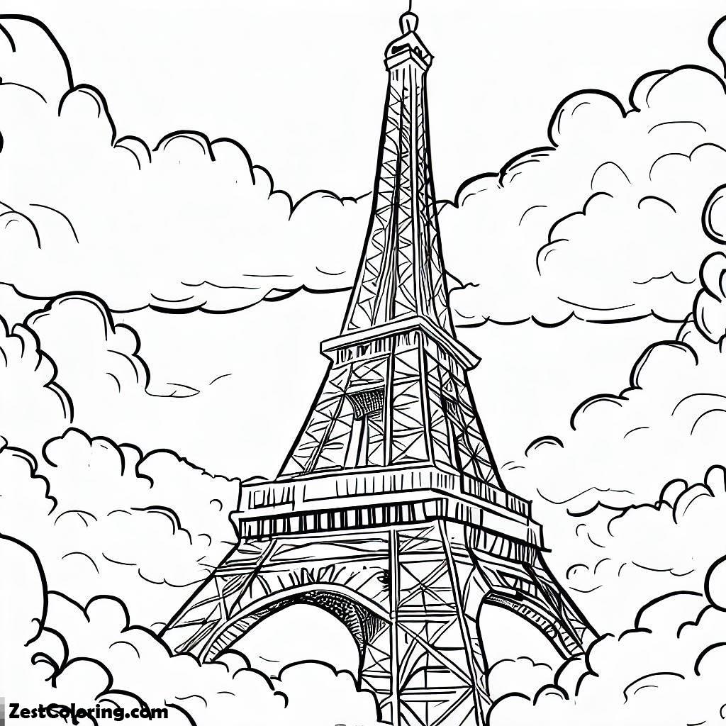 Eiffel Tower And Cloudy Sky Coloring Page