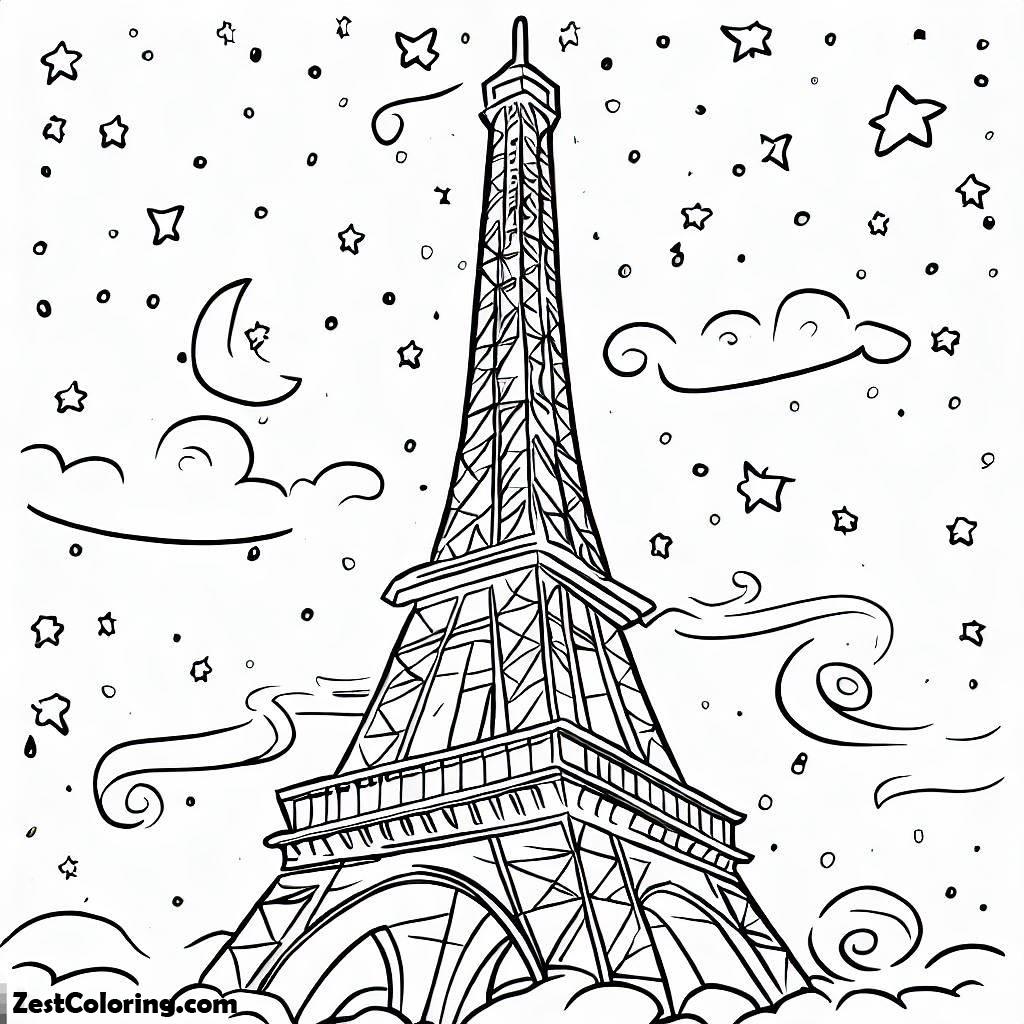 Eiffel Tower, Eiffel Tower And Stars In The Sky Coloring Page: Eiffel Tower And Stars In The Sky Coloring PageFull Size Image