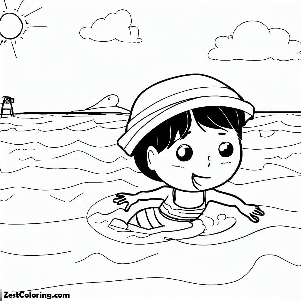 Summer, Excited A Kid Swimming At The Sea On Summertime Coloring Page: Excited A Kid Swimming At The Sea On Summertime Coloring PageFull Size Image