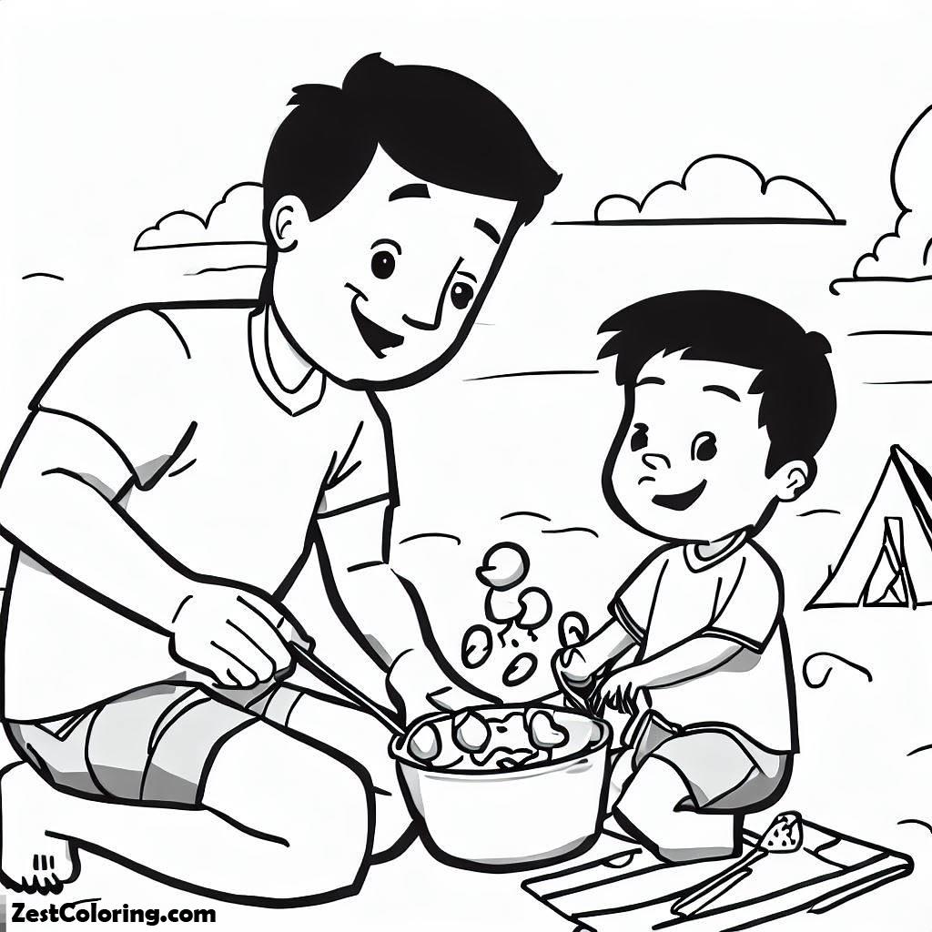 Summer Camp, Father And Son Cooking Together On Summer Camp Coloring Page: Father And Son Cooking Together On Summer Camp Coloring PageFull Size Image