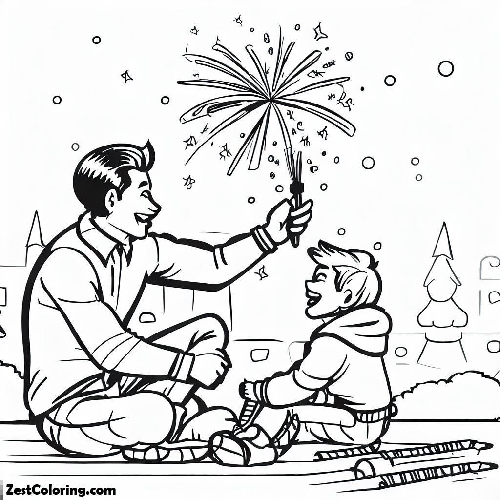 Fireworks, Father And Son Play Fireworks In New Year Eve Coloring Page: Father And Son Play Fireworks In New Year Eve Coloring PageFull Size Image