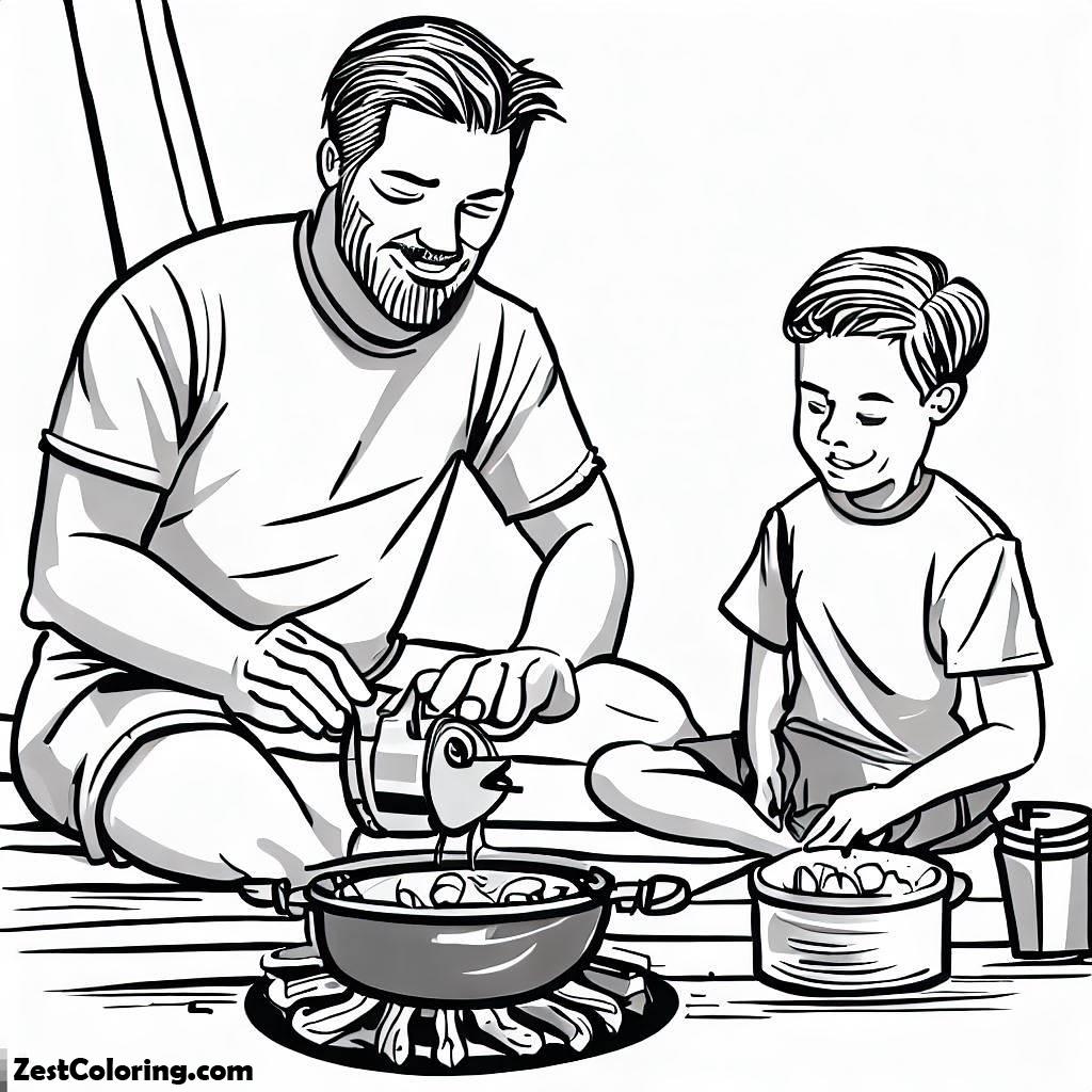 Summer Camp, Father And Son Frying Potato On Summer Camp Coloring Page: Father And Son Frying Potato On Summer Camp Coloring PageFull Size Image