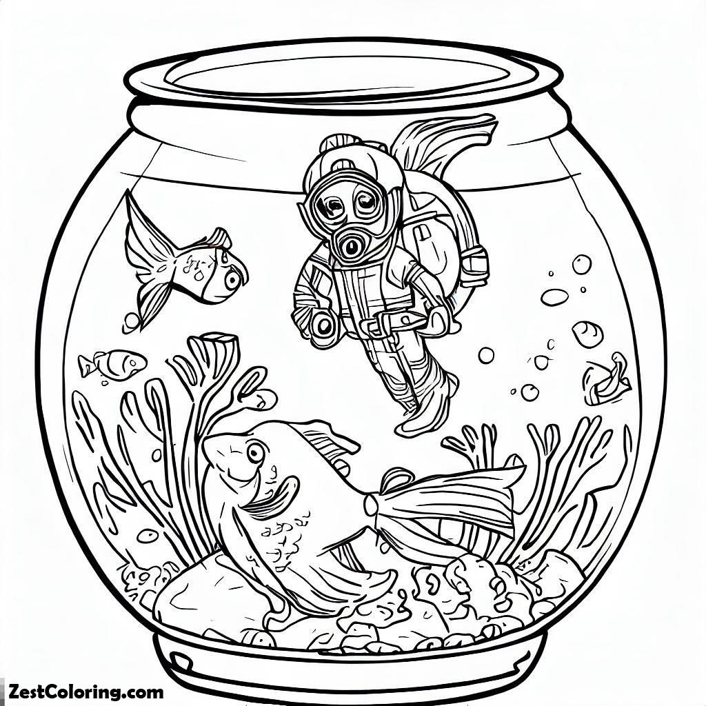 Fish Bowls, Fish And Diver In Fish Bowl Coloring Page: Fish And Diver In Fish Bowl Coloring PageFull Size Image