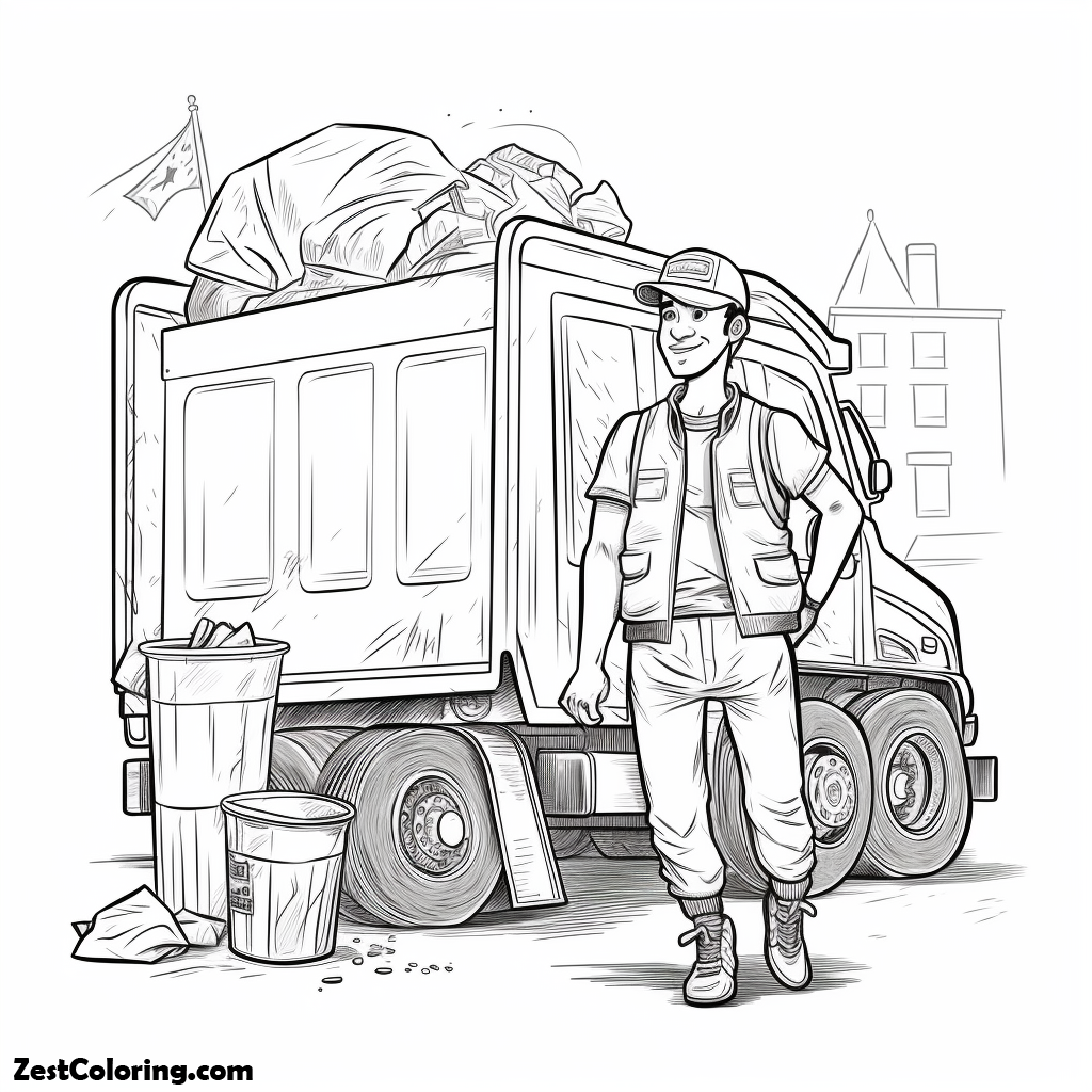 Garbage Lady Coloring Garbage worker and garbage truck coloring page : Coloring for Kids ...