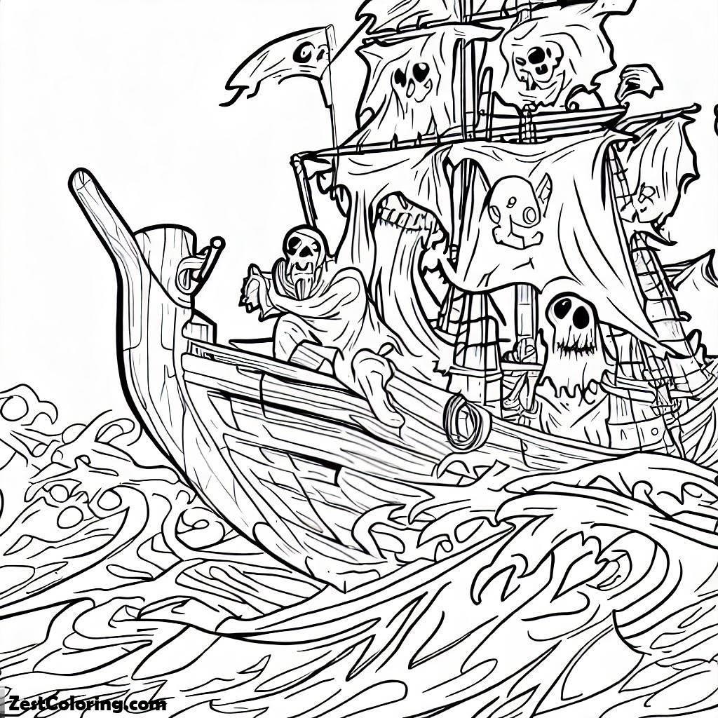Halloween, Ghost Pirates Sailing On A Haunted Ship Through Rough Waters Coloring Page: Ghost Pirates Sailing On A Haunted Ship Through Rough Waters Coloring PageFull Size Image