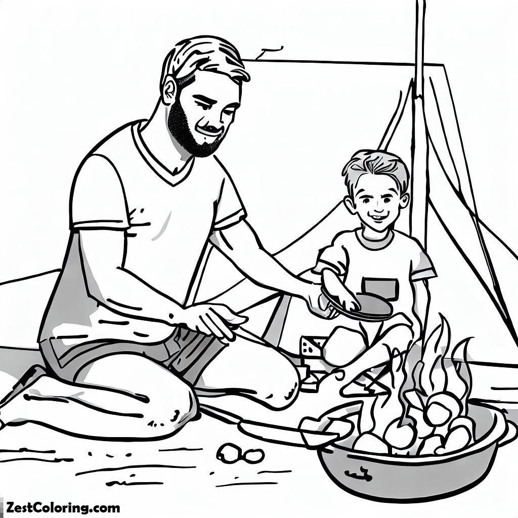 Summer Camp, Happy Father And Son Cooking On Summer Camp Coloring Page: Happy Father And Son Cooking On Summer Camp Coloring PageFull Size Image