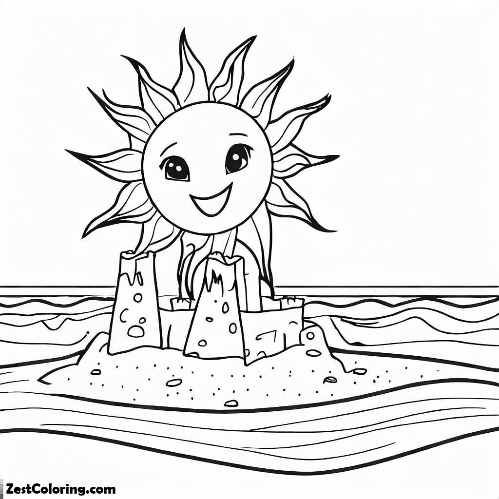 Summer, Happy Sun Playing Sand Castle At The Beach On Summertime Coloring Page: Happy Sun Playing Sand Castle At The Beach On Summertime Coloring PageFull Size Image