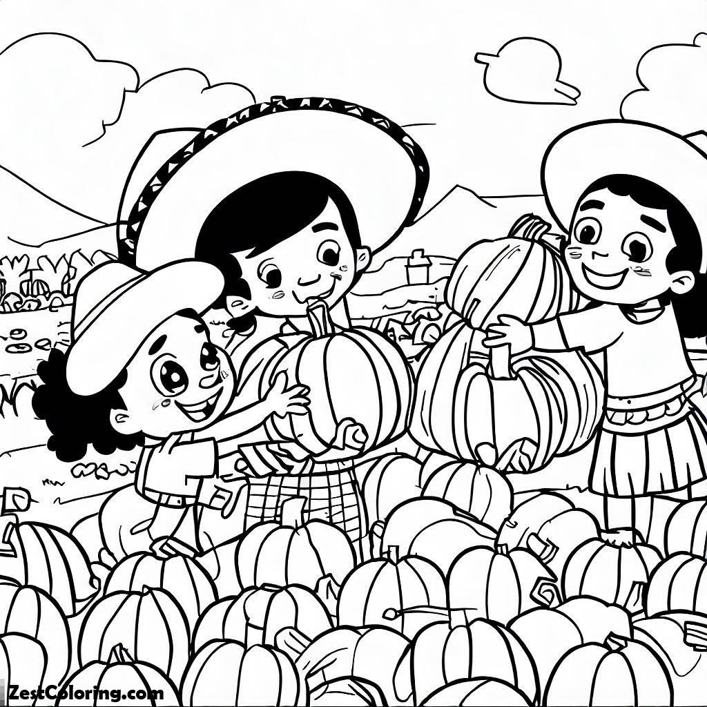 Halloween, Kids Picking Pumpkins From A Colorful Pumpkin Patch In Halloween Coloring Page: Kids Picking Pumpkins From A Colorful Pumpkin Patch In Halloween Coloring PageFull Size Image