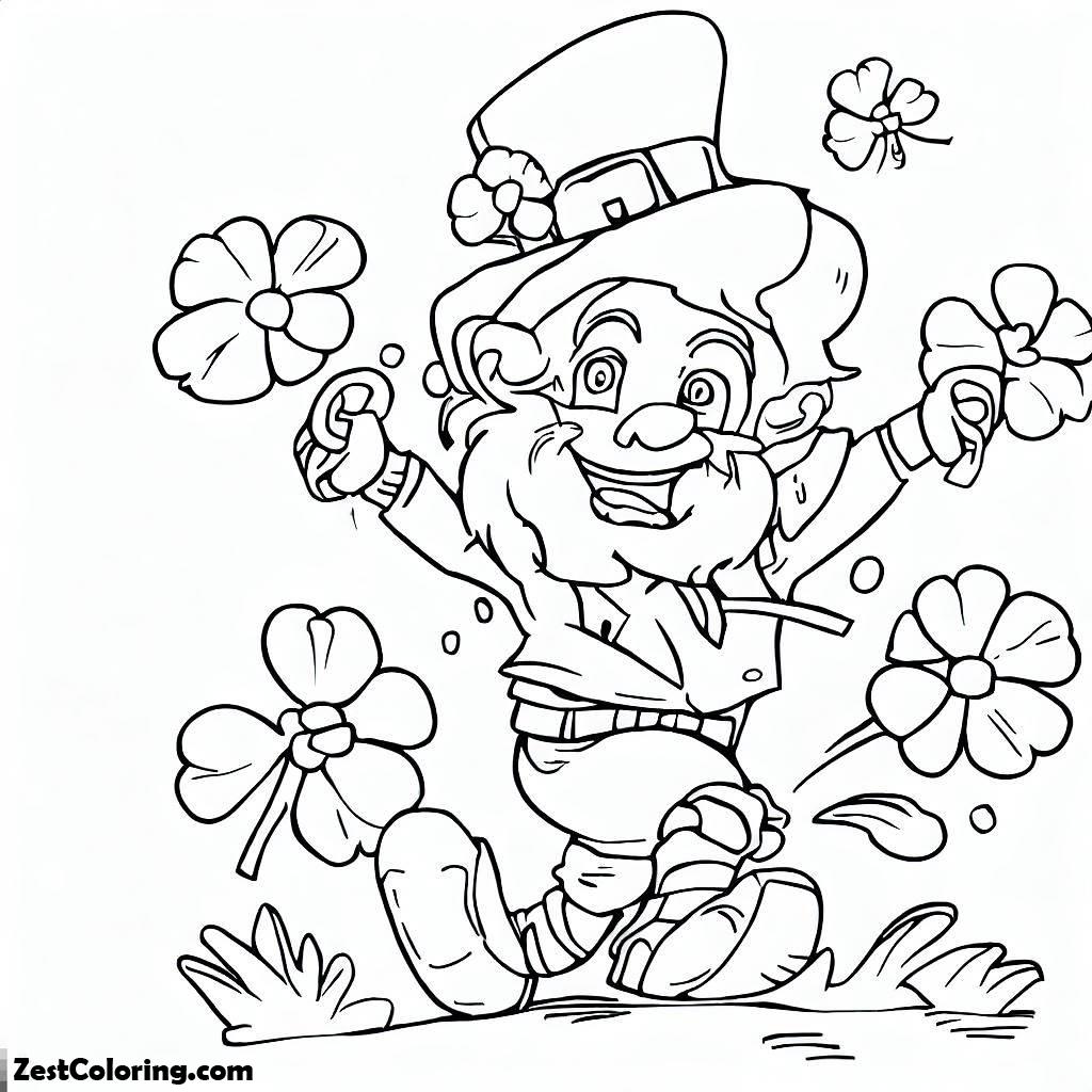 St. Patrick's Day, Leprechaun Playing With Four Leaf Clovers On St Patricks 4 Day Coloring Page: Leprechaun Playing With Four Leaf Clovers On St Patricks 4 Day Coloring PageFull Size Image