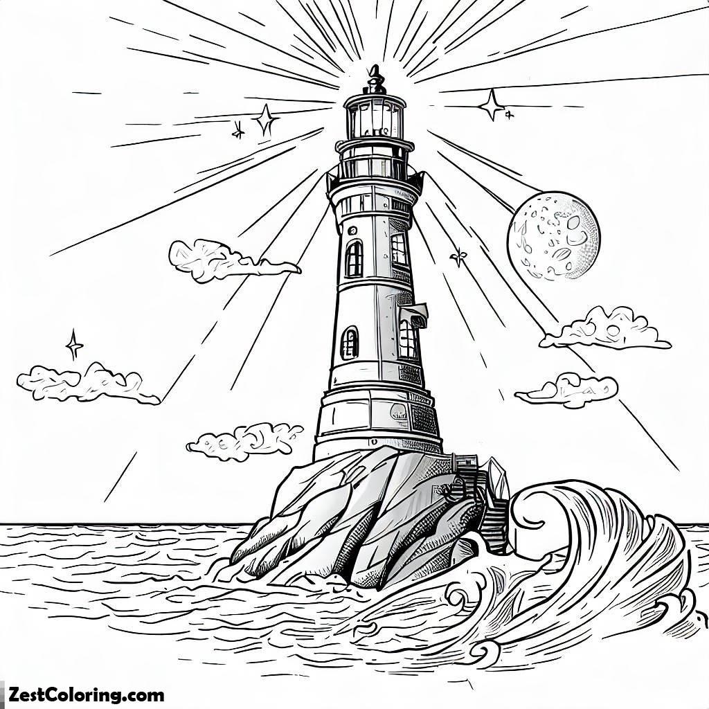 Lighthouse, Lighthouse With Moon And Stars Coloring Pages: Lighthouse With Moon And Stars Coloring PagesFull Size Image