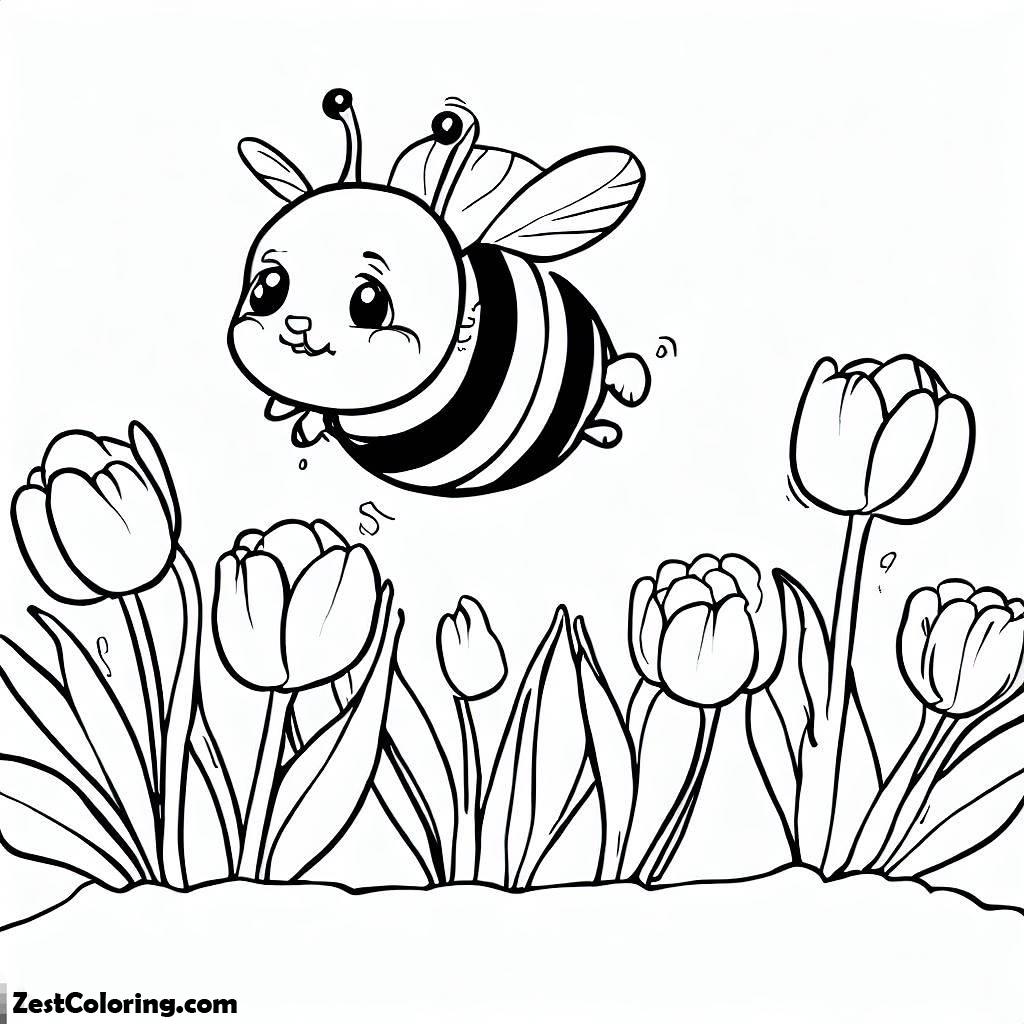 BumbleBee, Little Baby Bumblebee Flying Around The Tulips Coloring Page: Little Baby Bumblebee Flying Around The Tulips Coloring PageFull Size Image