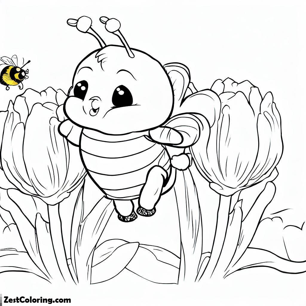 BumbleBee, Little Baby Bumblebee Playing Around The Tulips Coloring Page: Little Baby Bumblebee Playing Around The Tulips Coloring PageFull Size Image